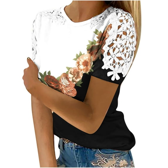 safuny Women's Trendy Loose Basic Tops Clearance Solid Tops Short Sleeve Tees Round Neck Shirts Lace Raglan Vintage Clothing 2024 Fashion Summer Black L
