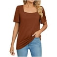 thumbnail image 1 of safuny Women's Trendy Loose Basic Tops Clearance Solid Tops Short Sleeve Tees Square Neck Shirts Pleated Vintage Clothing 2024 Fashion Summer Coffee XL, 1 of 6