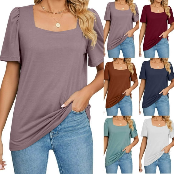 safuny Women's Trendy Loose Basic Tops Clearance Solid Tops Short Sleeve Tees Square Neck Shirts Pleated Vintage Clothing 2024 Fashion Summer Wine M