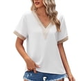 thumbnail image 1 of safuny Women's Trendy Loose Basic Tops Solid Tops Short Sleeve Tees V Neck Shirts Elegant Lace Splicing Vintage Clothing Fashion Summer White S, 1 of 8