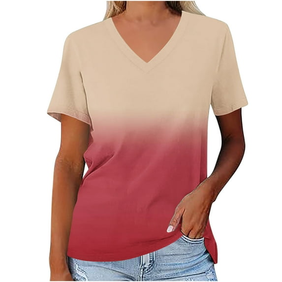 safuny Women's Trendy Loose Basic Tops Tie Dye Printed Tops Short Sleeve Tees V Neck Shirts Leisure Comfy Vintage Clothing Fashion Summer Red
