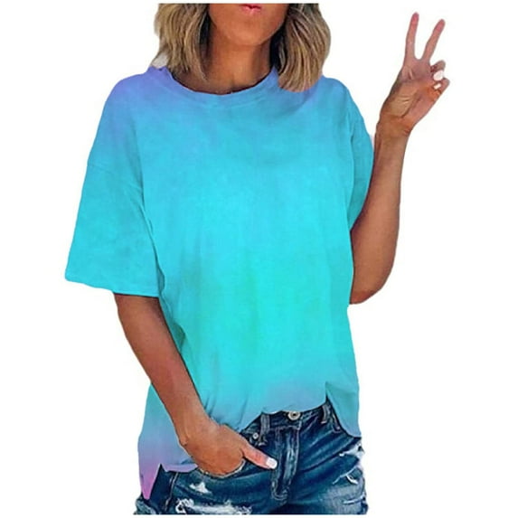 safuny Women's Trendy Loose Basic Tops Gradient Tops Short Sleeve Tees V Neck Shirts Leisure Comfy Vintage Clothing Fashion Summer Sky Blue