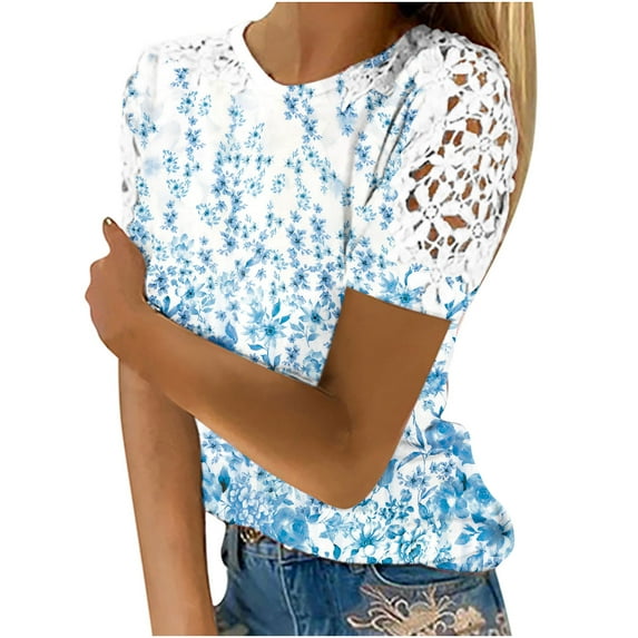 safuny Women's Trendy Loose Basic Tops Solid Tops Short Sleeve Tees Round Neck Shirts Lace Raglan Vintage Clothing Fashion Summer Blue L
