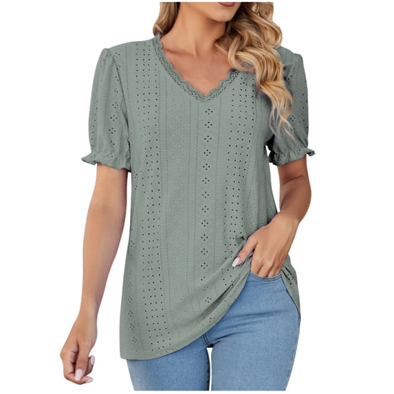 safuny Women's Trendy Loose Basic Tops Solid Tops Three Quarter Sleeves Tees V Neck Shirts Casual Vintage Clothing Fashion Summer Army Green XL