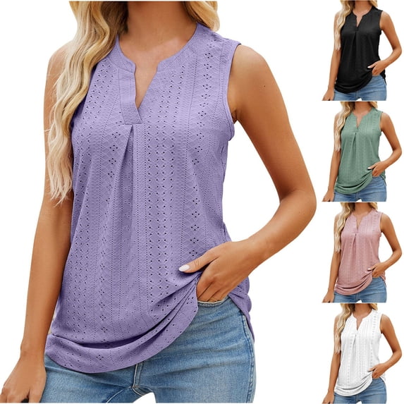 safuny Women's Trendy Loose Basic Vest Solid Tops Sleeveless Tees V Neck Shirts Elegant Eyelet Vintage Clothing Fashion Summer Pink XL