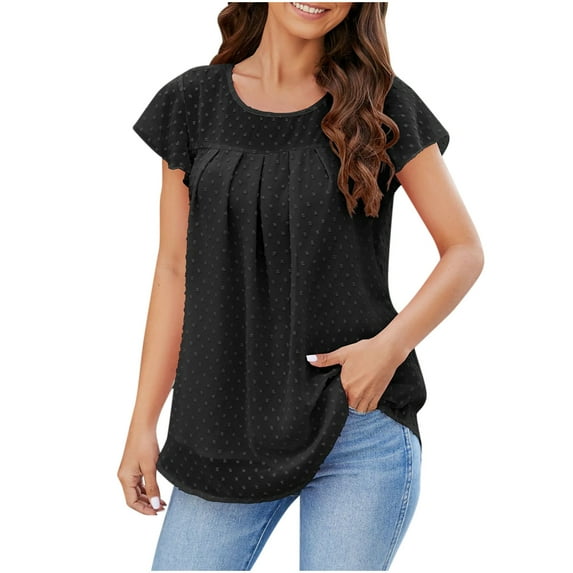 safuny Women's Trendy Loose Chiffon Pleated Tops Solid Tops Puff Short Sleeve Tees Round Neck Shirts Leisure Vintage Clothing Fashion Summer Black XXXL