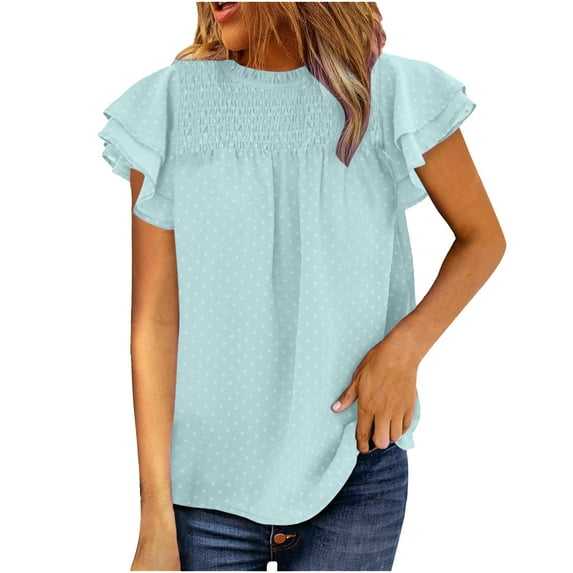 safuny Women's Trendy Loose Chiffon Pleated Tops Solid Tops Puff Short Sleeve Tees Round Neck Shirts Leisure Vintage Clothing Fashion Summer Light Blue XXL