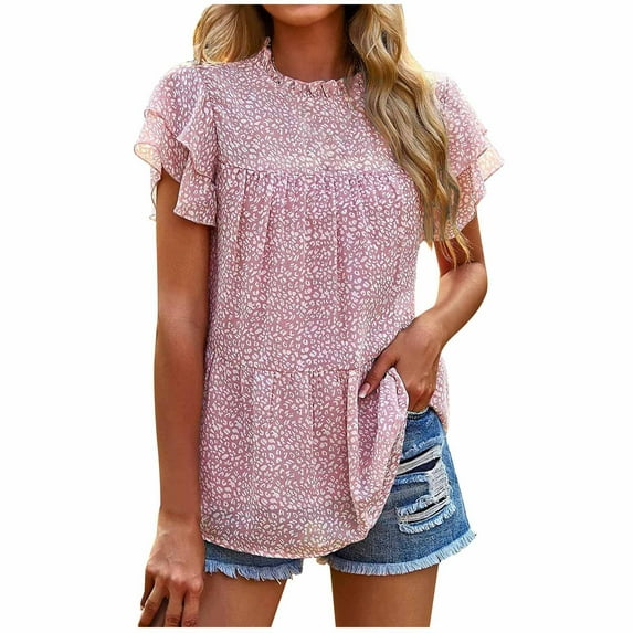 safuny Women's Trendy Loose Fit Pleated Tops Clearance Printed Tops Ruffle Sleeve Tees Crew Neck Shirts Leisure Elegant Vintage Clothing 2024 Fashion Summer Pink S