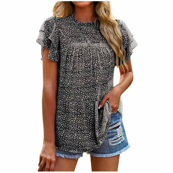 safuny Women's Trendy Loose Fit Pleated Tops Clearance Printed Tops Ruffle Sleeve Tees Crew Neck Shirts Leisure Elegant Vintage Clothing 2024 Fashion Summer Black S