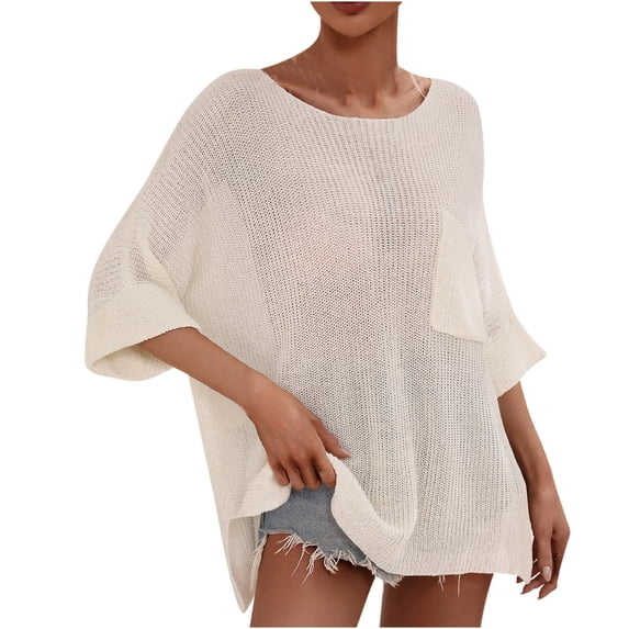safuny Women's Trendy Loose Knitted Sweater Clearance Solid Tops Long Sleeve Tees Round Neck Shirts Bust Pocket Vintage Clothing 2024 Fashion Summer White XL