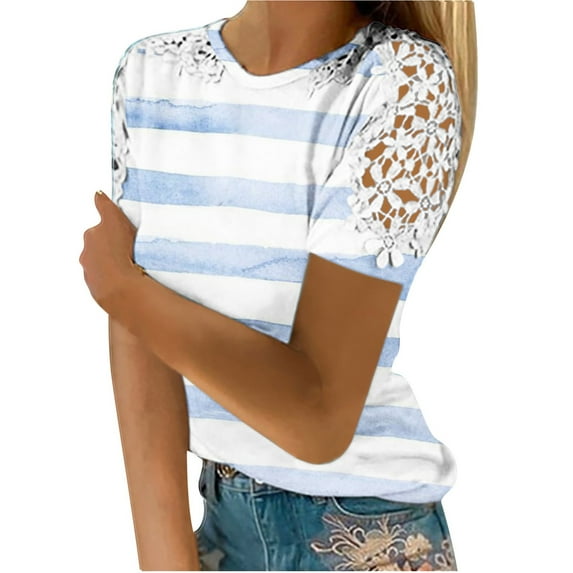 safuny Women's Trendy Loose Lace Raglan Tops Clearance Solid Tops Short Sleeve Tees Round Neck Shirts Vintage Clothing 2024 Fashion Summer Light Blue