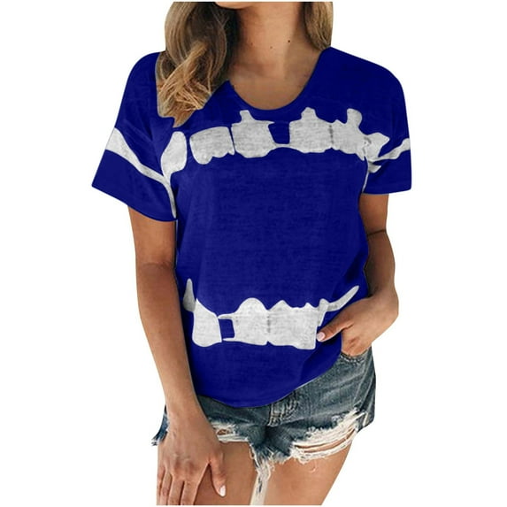 safuny Women's Trendy Loose Tops Clearance Sale Casual Comfy Colorblock Clothing Trendy Tees Summer Short Sleeve Shirts Round Neck Pullover Dark Blue M