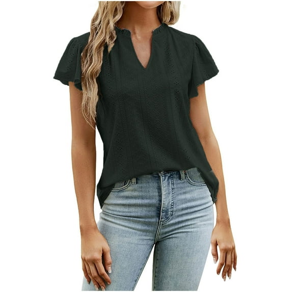 safuny Women's Trendy Loose Tops Solid Tops Flutter Sleeve Tees V Neck Shirts Leisure Vintage Clothing Fashion Summer Black XL