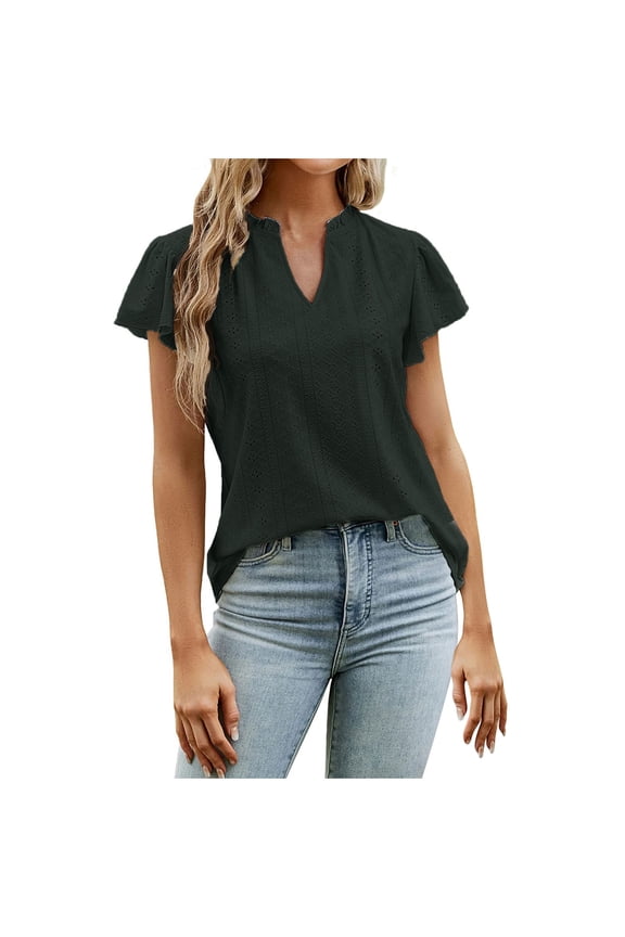 Women's Trendy Loose Tops Solid Tops Flutter Sleeve Tees V Neck Shirts Leisure Vintage Clothing Fashion Summer Black XXL