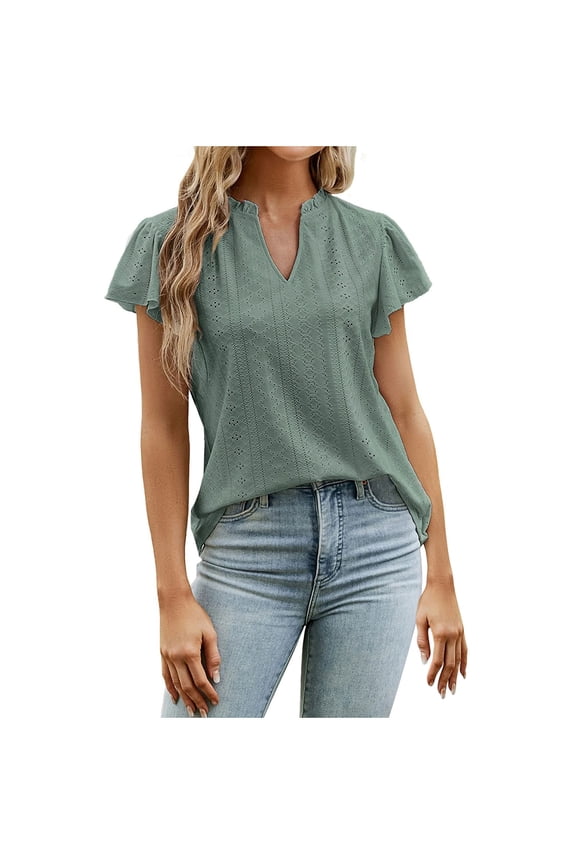 Women's Trendy Loose Tops Solid Tops Flutter Sleeve Tees V Neck Shirts Leisure Vintage Clothing Fashion Summer Green S