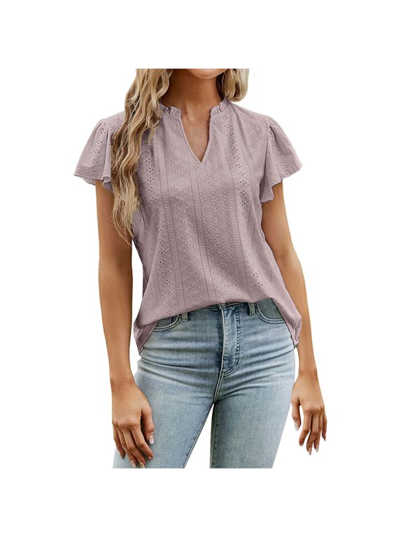 Women's Trendy Loose Tops Solid Tops Flutter Sleeve Tees V Neck Shirts Leisure Vintage Clothing Fashion Summer Pink S