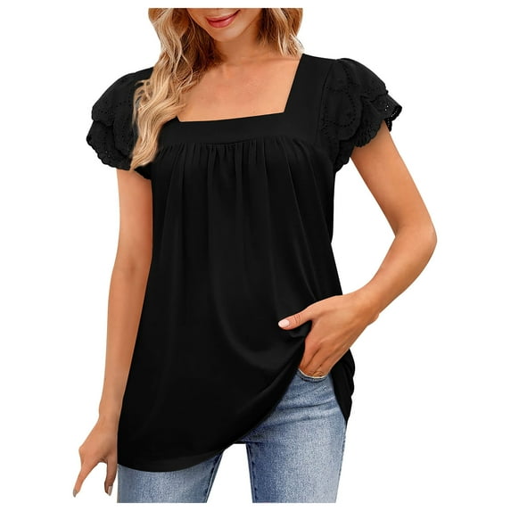 safuny Women's Trendy Loose Tops Clearance Solid Tops Ruffle Sleeve Tees Square Neck Shirts Leisure Elegant Vintage Clothing 2024 Fashion Summer Black S