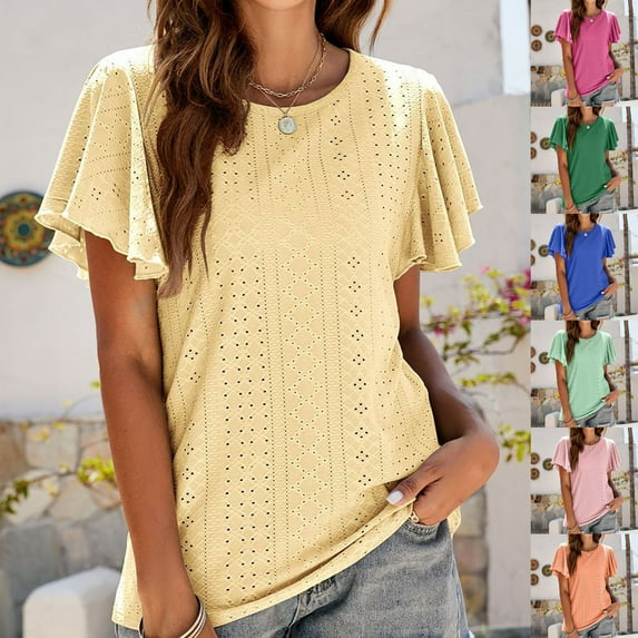 safuny Women's Trendy Loose Tops Clearance Summer Sale Clothing Trendy Tees Solid Ruffle Sleeve Shirts Round Neck Pullover Eyelet Elegant Casual Mint Green S
