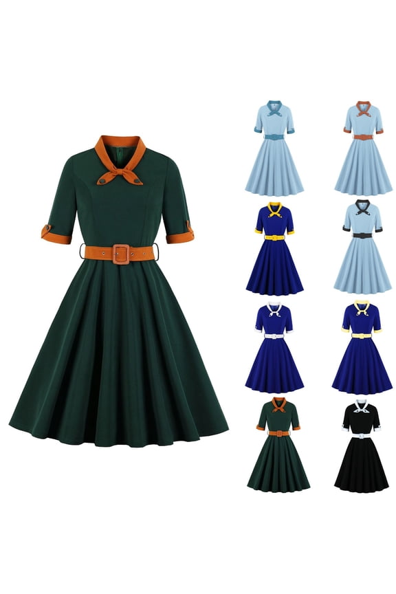 Women's Trendy Midi A Line Dress Solid Short Sleeve V Neck Dress 1950S Ruffle Hem Retro Holiday Clothing Fashion Summer Black L
