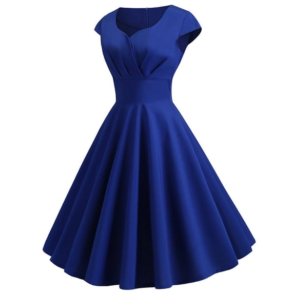 safuny Women's Trendy Midi A Line Dress Solid Short Sleeve V Neck Dress Zipper Ruffle Hem Retro Holiday Clothing Fashion Summer Blue S