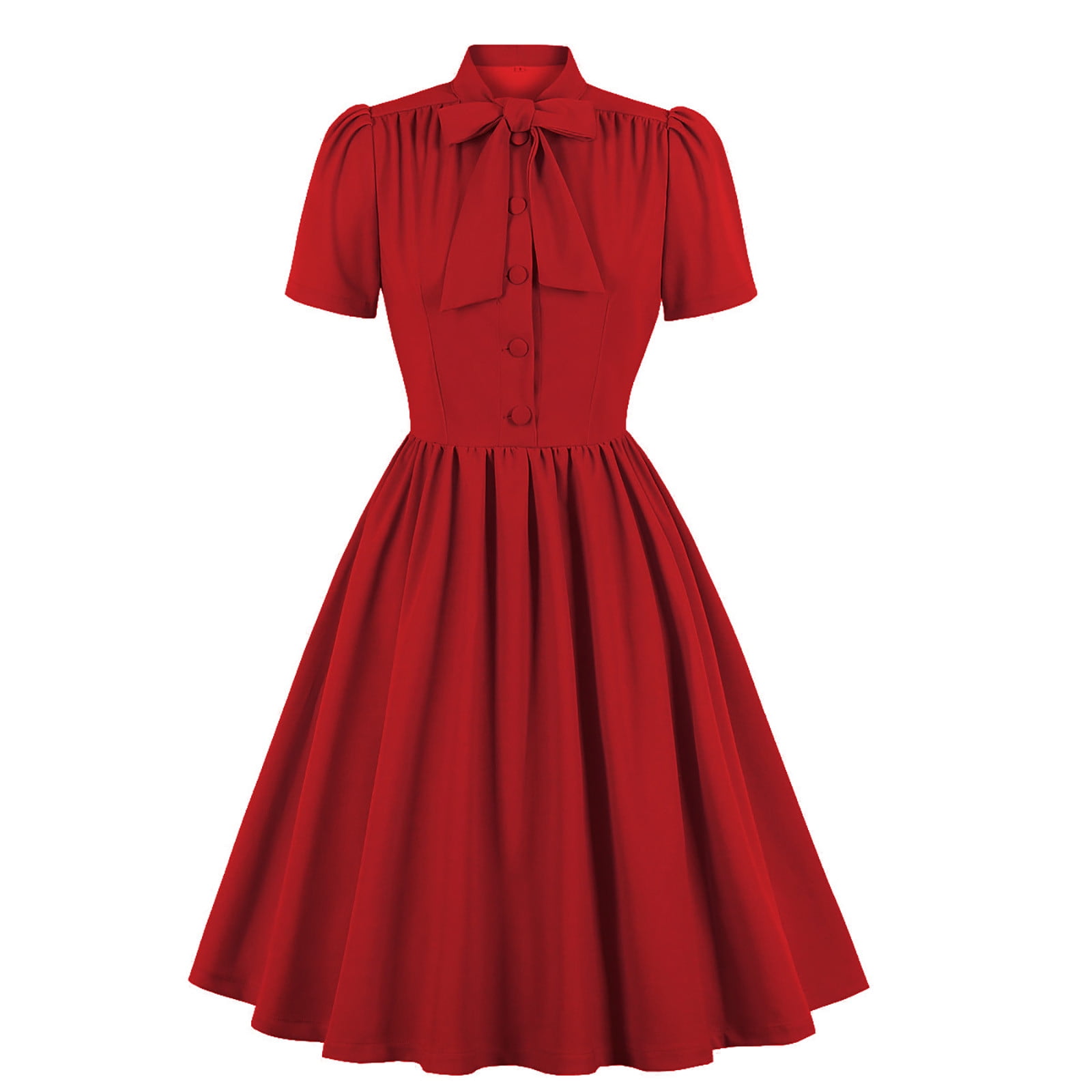 safuny Women's Trendy Midi A Line Dress Solid Color Short Sleeve Stand  Collar Dress Single-Breasted Ruffle Hem Bowknot Retro relaxed Clothing  Fashion Summer Red XXL