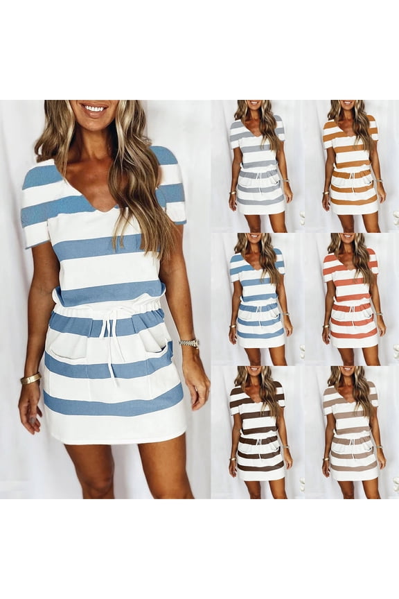 Women's Trendy Mini Dress with Pocket Stripe Print Short Sleeve V Neck Dress Drawstring Leisure Comfy Retro Holiday Clothing Fashion Summer Blue S