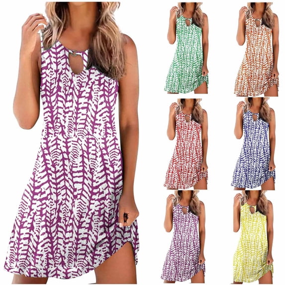 safuny Women's Trendy Mini Loose Sundress Printed Sleeveless Keyhole Neck Dress Elegant Beach Leisure Retro Holiday Clothing Fashion Summer Clearance Blue S