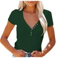 thumbnail image 1 of safuny Women's Trendy Slim Basic Tops Solid Tops Short Sleeve Tees V Neck Shirts Button Vintage Clothing Fashion Summer Green XL, 1 of 9