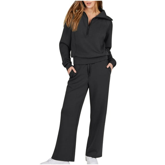 safuny Women's Two Piece Set Dressy Long Sleeve Stand Collar Plus Size Suit For Girlfriend Wife Daughter Solid Color Comfy Casual Black XXXL