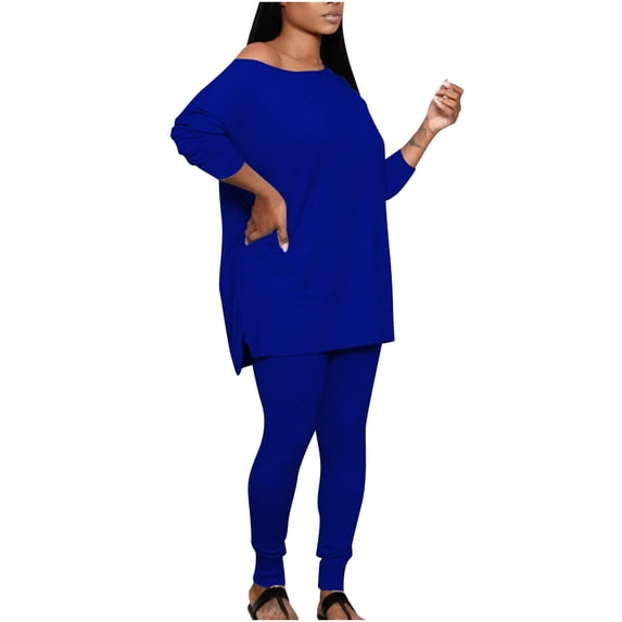 safuny Women's Two Piece Set Long Sleeve Plus Size Suit For Girlfriend Wife Daughter Dressy Comfy Casual Solid Color Crewneck Blue S