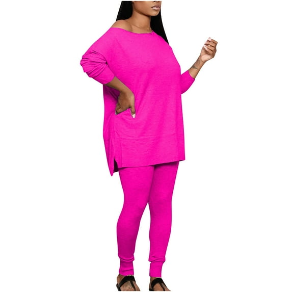 safuny Women's Two Piece Set Long Sleeve Plus Size Suit For Girlfriend Wife Daughter Dressy Comfy Casual Solid Color Crewneck Hot Pink XXL