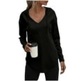 thumbnail image 1 of safuny Women's V Neck Hoodies Casual Long Sleeve Sweatshirt Solid Color Drawstring Pullover Tops with Pocket Black _2 XXXL, 1 of 4