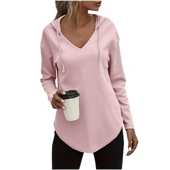 safuny Women's V Neck Hoodies Casual Long Sleeve Sweatshirt Solid Color Drawstring Pullover Tops with Pocket Pink _2 XXXXXL