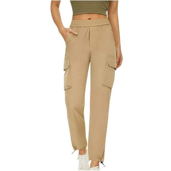 safuny Women's Wide Leg Cargo Loose Pants Relaxed Casual Comfy Daily Fashion Girls Teen Solid Color Trousers High Waist Khaki L