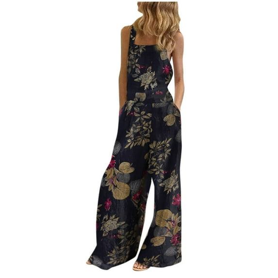 safuny Women's Wide Leg Cotton Linen Jumpsuit Fall Fit Casual Daily Button Polka Dot Girls Retro Relaxed Sleeveless Square Neck Trendy Trousers Navy S