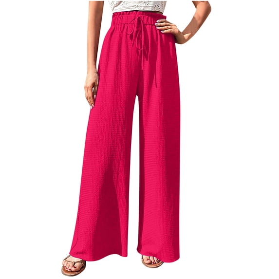 safuny Women's Wide Leg Cotton Loose Pants Solid Color Girls Teen Relaxed High Elastic Waist Trousers Fashion Casual Comfy Daily Red M