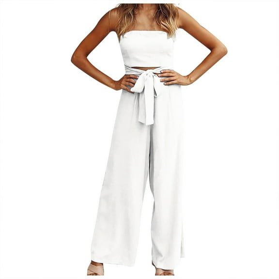 safuny Women's Wide Leg Jumpsuit Solid Summer Comfy Trousers Strapless Elegant Retro Fashion Hollow Waist Bowknot Clothing White XXL