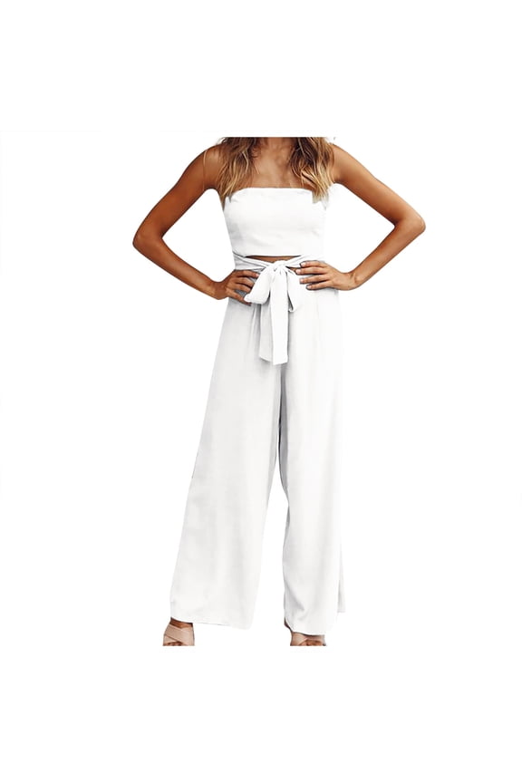 Women's Wide Leg Jumpsuit Solid Summer Comfy Trousers Strapless Elegant Retro Fashion Hollow Waist Bowknot Clothing White XXL