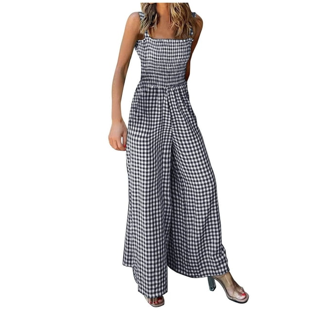 safuny Women's Wide Leg Jumpsuit Overalls Fall Plaid Retro Relaxed ...