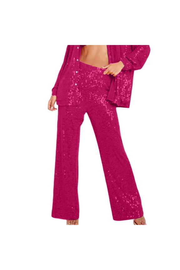 Women's Wide Leg Loose Pants Girls Trendy Trousers Solid Shiny Sequins Teen Holiday Party Style Hot Pants High Waist Hot Pink S
