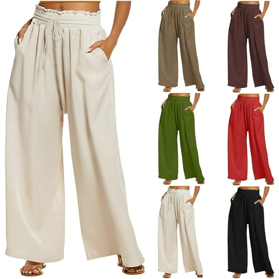safuny Women's Wide Leg Loose Pants High Waist Drawstring Girls Teen Holiday Trendy Trousers Casual Comfy Daily Solid Color Black S