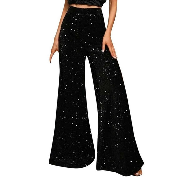 safuny Women's Wide Leg Pants Loose Party Retro Sequin Shiny Solid Color Holiday High Waist Fashion Casual Elegant Relaxed Trousers Workout Teen Girls Clearance Black XL