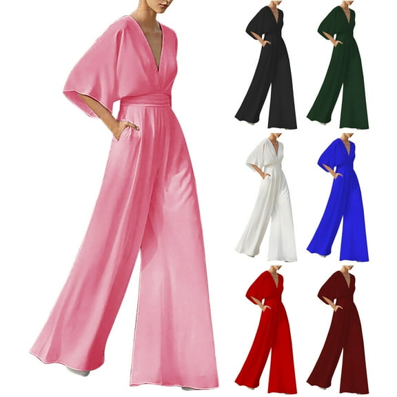 safuny Women's Wide Leg Slim Elegant Summer Jumpsuits Half Sleeve V Neck Solid Color Teen Relaxed Girls Trousers Casual Comfy Daily Fashion Black S