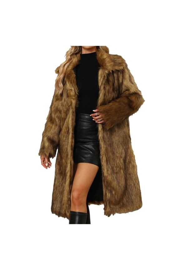 Women's Winter Soft Fleece Coat Faux Furry Long Jacket Fall Long Sleeve Turn Down Collar Vintage Casual Elegant Warm Holiday Trendy Outwear Solid Color Brown XXXL
