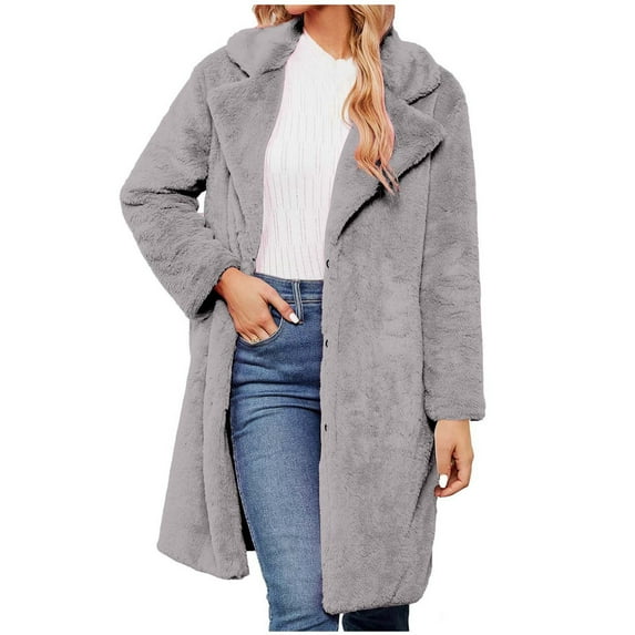safuny Women's Winter Soft Fleece Coat Faux Furry Long Jacket Long Sleeve Holiday Solid Color Trendy Outwear Fall Open Front Vintage Casual Elegant Warm Gray XXL