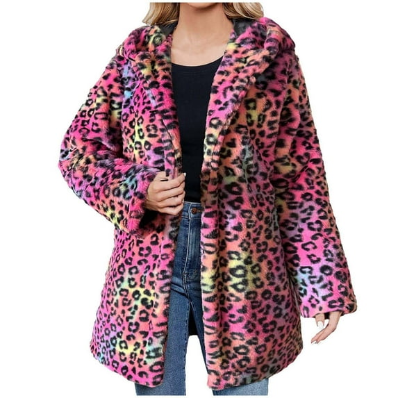 safuny Women's Winter Soft Fleece Hoodie Coat Faux Furry Jacket Open Front Holiday Leopard Trendy Outwear Fall Vintage Casual Elegant Warm Long Sleeve Hot Pink XL
