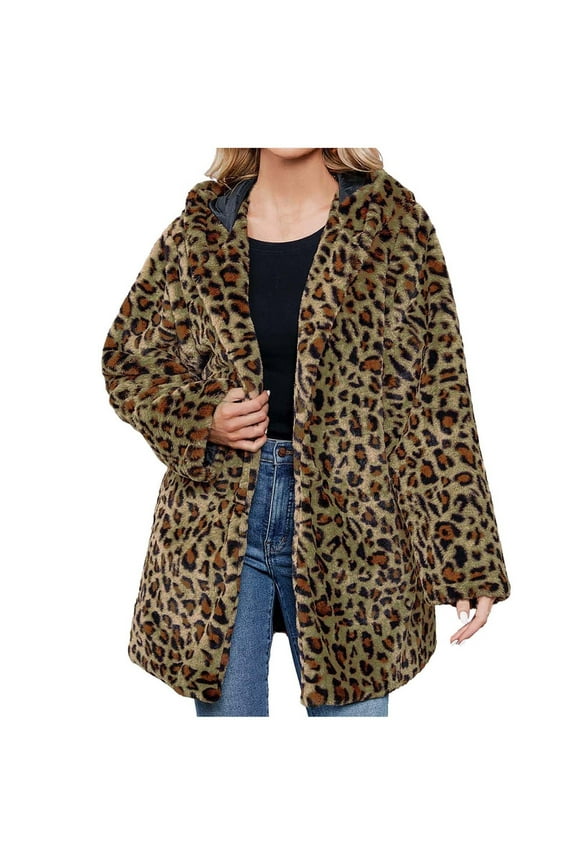 Women's Winter Soft Fleece Hoodie Coat Faux Furry Jacket Open Front Holiday Leopard Trendy Outwear Fall Vintage Casual Elegant Warm Long Sleeve Green XL