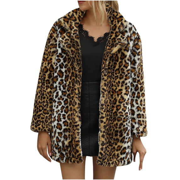 safuny Women's Winter Soft Fleece Hoodie Coat Faux Furry Jacket Open Front Holiday Leopard Trendy Outwear Fall Vintage Casual Elegant Warm Long Sleeve Brown XXXL