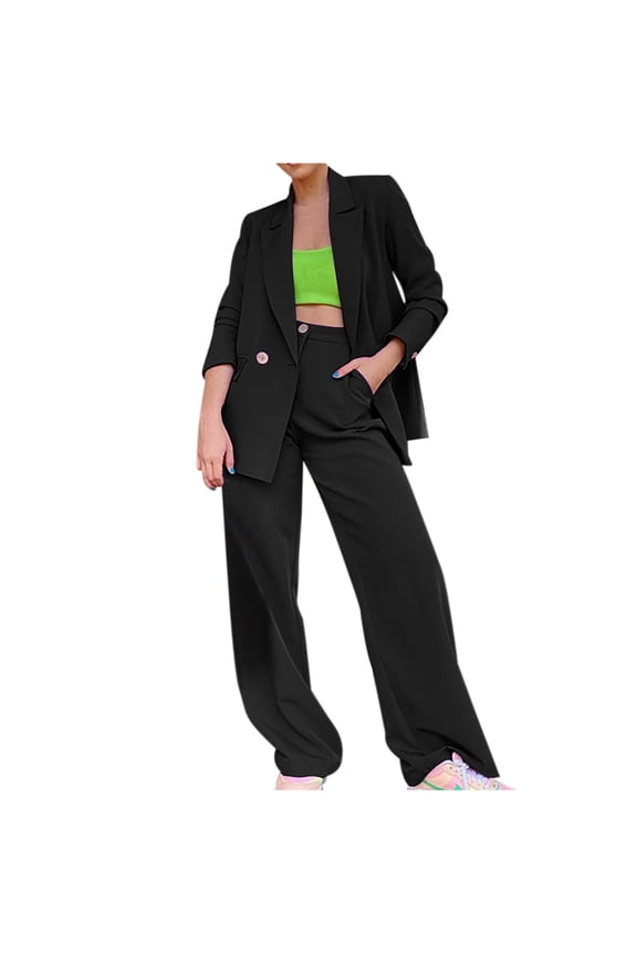 Women's Workout Elegant Business Suit Sets 2Pc Retro Wide Leg Pants Fashion Spring Solid Pocket Holiday Long Sleeve Lapel Blazer Coat Casual Relaxed Black S