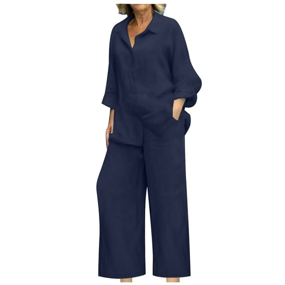safuny Women's Workout Sets Daily Outfits 2Pc Long Sleeve Lapel Shirts Button Casual Relaxed Spring Autumn Fashion Elastic Waist Pants Solid Cotton Tracksuit Dark Blue M
